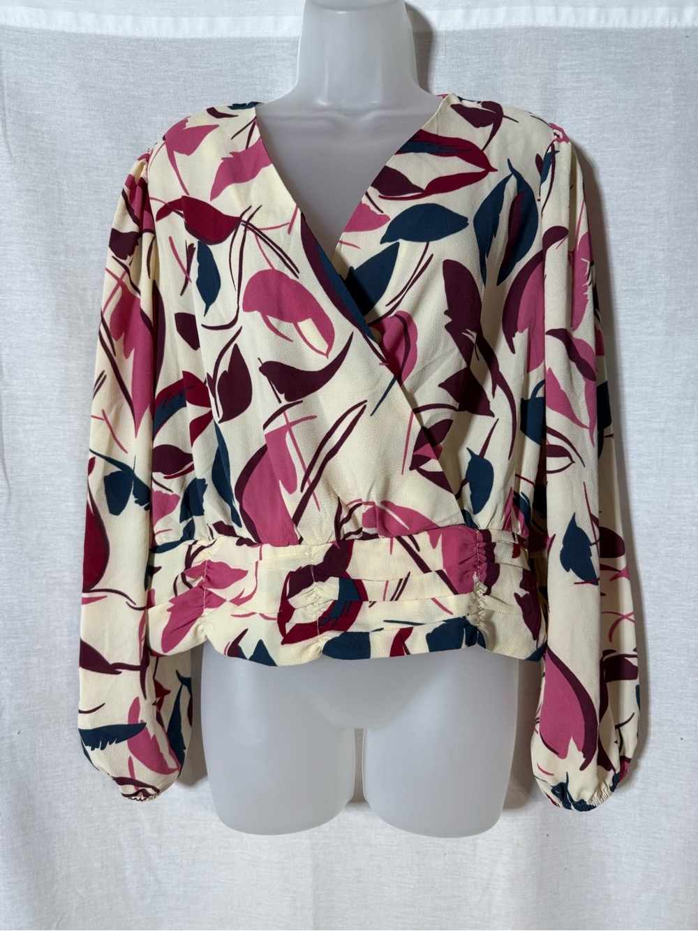 Lane Bryant Cream Wrap Blouse with Berry and Navy Leaf Print Size 16